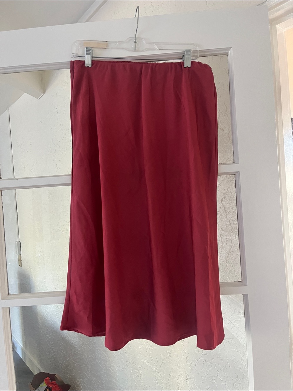 Maroon satin midi skirt